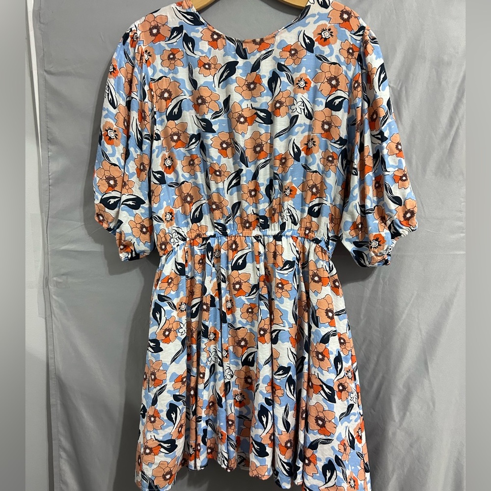Flowery white, blue, and orange dress WITH POCKETS